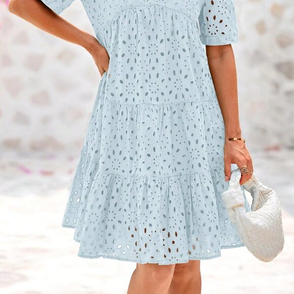 Light Blue Boho Women's Embroidered Eyelet V-Neck Mini Dress Ruffle Tiered - Picture 5 of 5